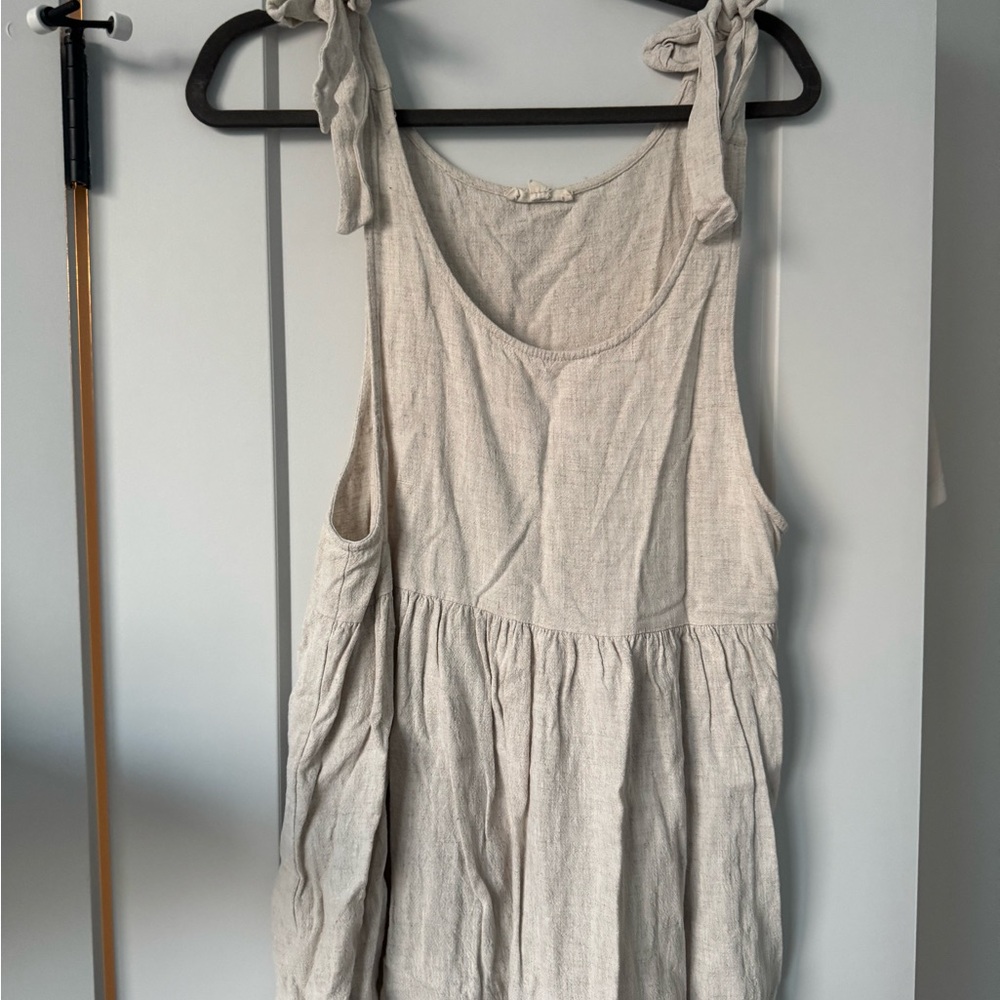 La Hearts Light Beige Tie-Shoulder Linen-Blend Mini Dress